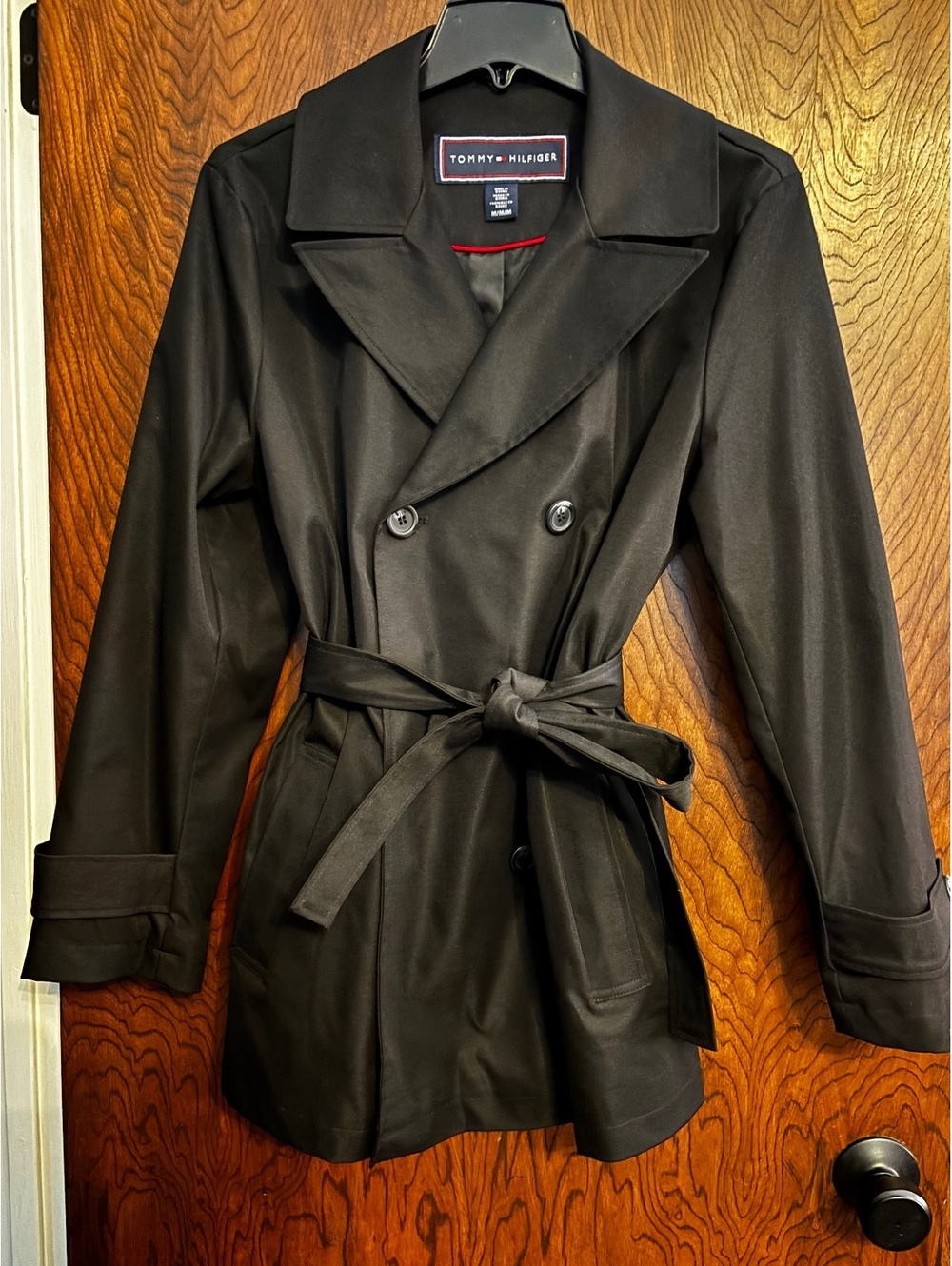 Tommy Hilfiger Women's Black Double-Breasted Trench Coat with Belt Size M